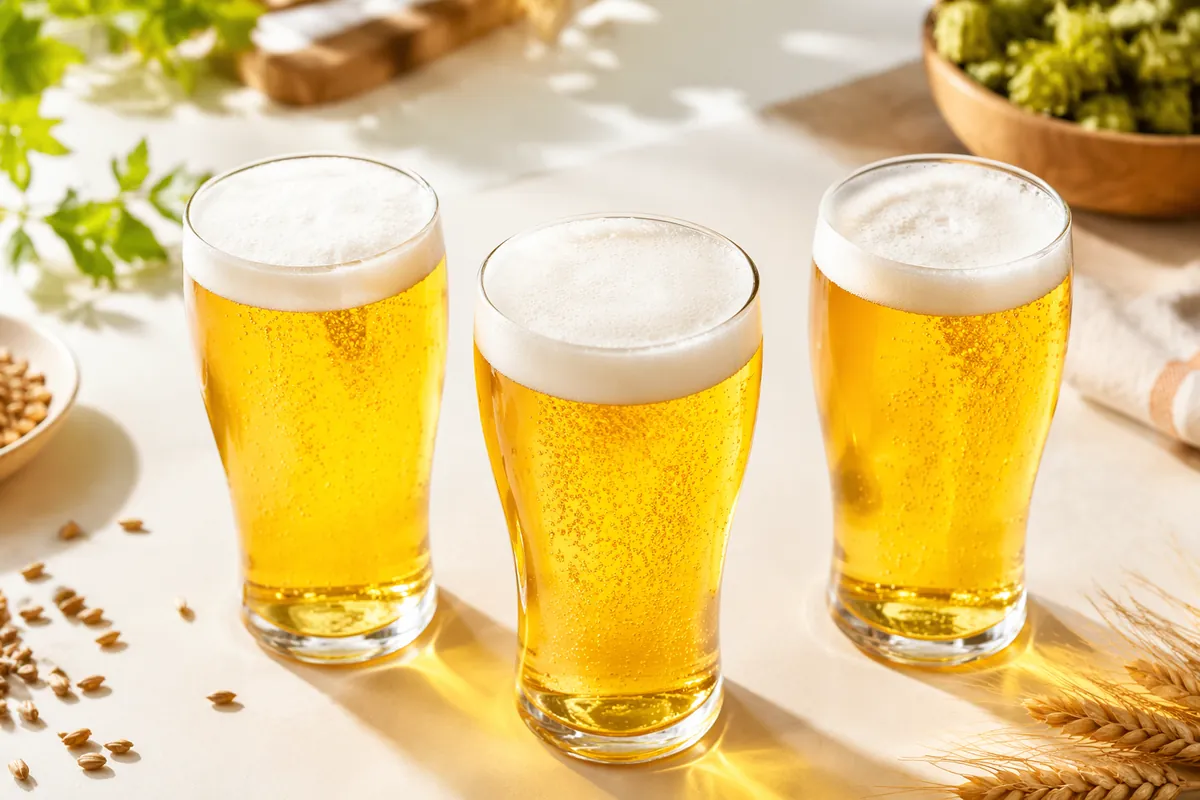 Three glasses of pale, highly carbonated dry beer with white foam on a light table, with barley and hops beside them